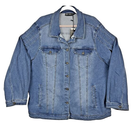 DG2 Denim Blue Jean Jacket Womens SZ 3XL Button down Pockets Pleated Distressed - Picture 1 of 12